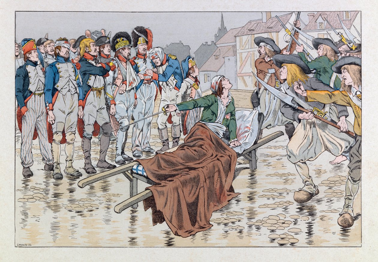 Jacques Marie Gaston Onfray de Breville dit JOB (1858 - 1931); "Les epees de France "の挿絵。1793年のショレの戦いで瀕死の重傷を負ったボンシャン侯爵が、共和党員の捕虜をシュアンの手から救った; Coll, Par 作： Onfray de Breville JacquesJobの仮名