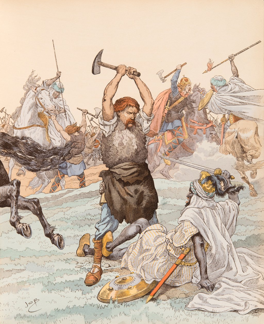 ジャック・マリー・ガストン・オンフロイ・ド・ブレヴィル（JOB）（1858-1931） - 732年のポワティエの戦いにおけるポワティエの鍛冶屋、個人蔵 作： Onfray de Breville JacquesJobの仮名