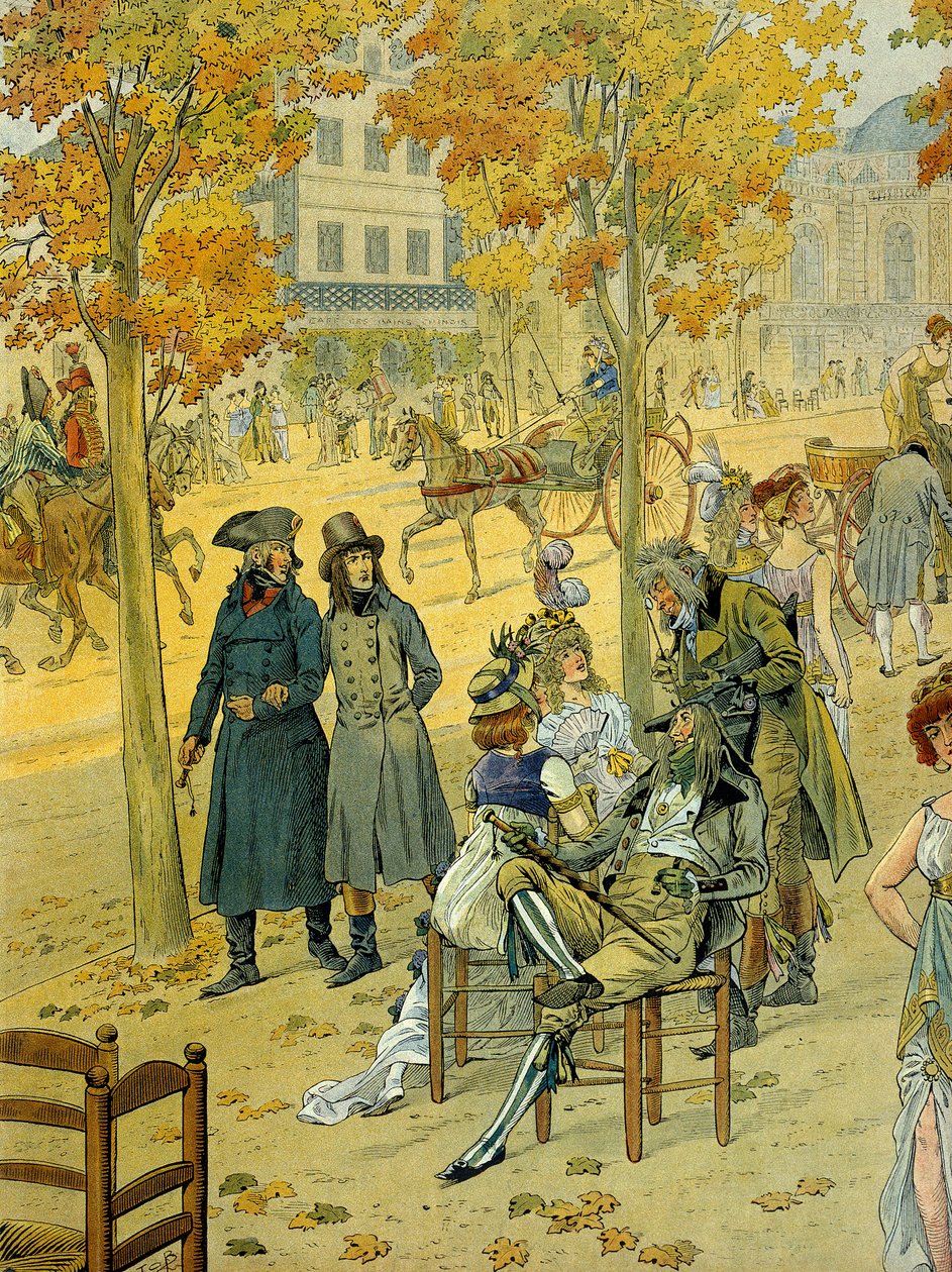 ジャン・アンドーシュ・ジュノ（Jean-Andoche）（1771-1813）とナポレオン1世・ボナパルト（1769-1821）が、パリのコブレンツ大通り（ゲント大通り）をインクレディブルの前を歩いています。ジャック・マリー・ガストン・オンフレー・ド・ブレヴィルdit JOB（1858-1931）による挿絵 作： Onfray de Breville JacquesJobの仮名