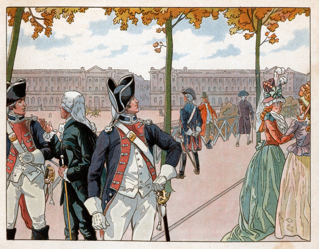 1791年、王の憲兵隊の衣装を身にまとったジョアヒム・ムラット（1767-1815）とベシエールのパリでの姿。ジャック・マリー・ガストン・オンフレー・ド・ブレヴィル・ディット・ジョブ（1858-1931）によるエングレーヴィング 作： Onfray de Breville JacquesJobの仮名