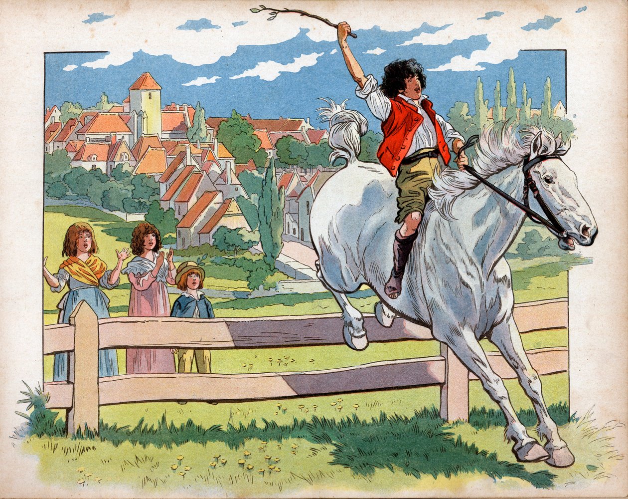 Joachim Murat (1767-1815) 馬に乗った子供が生け垣を跳ぶ訓練をしている様子。ジャック・マリー・ガストン・オンフレー・ド・ブレヴィル・ディット・ジョブ（1858-1931）による版画 作： Onfray de Breville JacquesJobの仮名