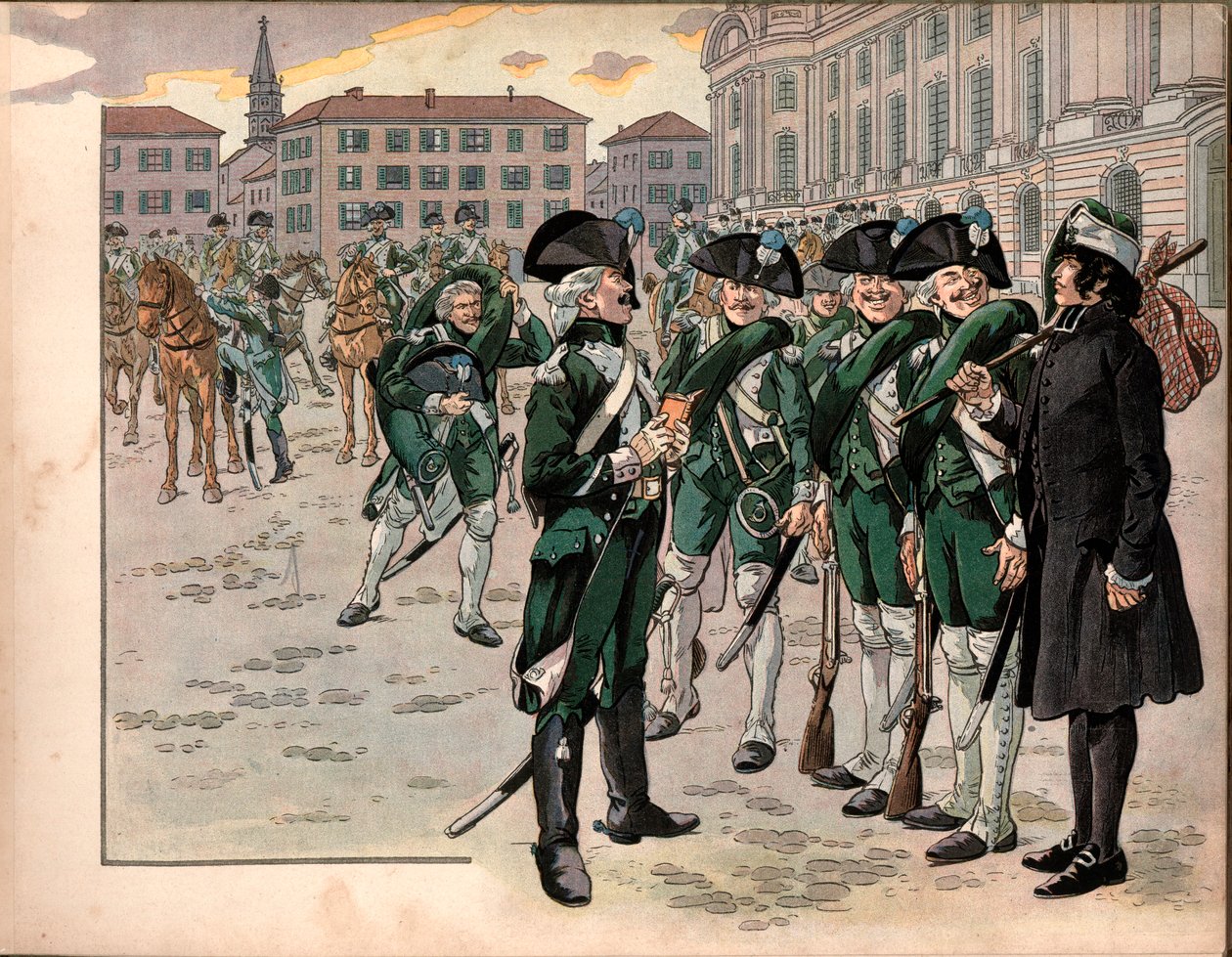 ヨアヒム・ムラット（1767-1815）は、1787年にアルデンヌの猟兵連隊に入隊しました。ジャック・マリー・ガストン・オンフレー・ドゥ・ブレヴィル・ディット・ジョブ（1858-1931）によるエングレーヴィング 作： Onfray de Breville JacquesJobの仮名