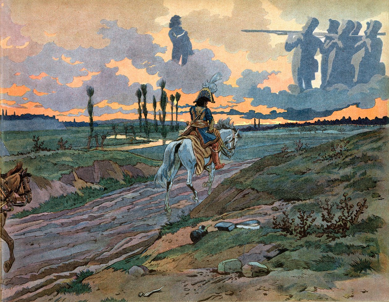 ヨアヒム・ムラット（1767-1815）は、1813年にライプツィヒが敗れた後、ナポリに戻った。ジャック・マリー・ガストン・オンフレー・ド・ブレヴィル・ディット・ジョブ（1858-1931）によるエングレーヴィング 作： Onfray de Breville JacquesJobの仮名