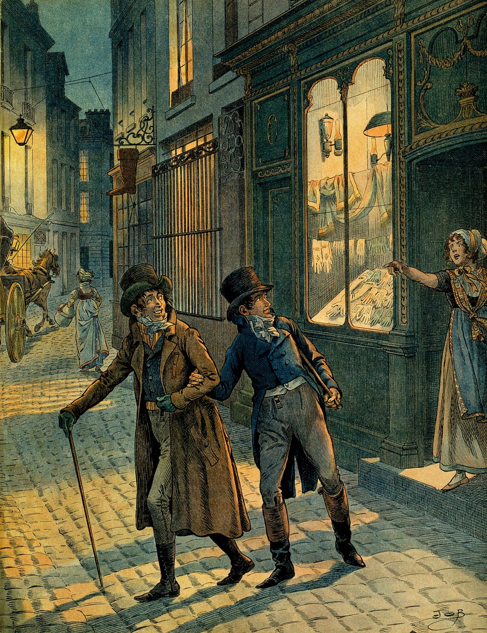 ルイ・アントワーヌ・フォーヴレ・ドゥ・ブーリエンヌ（1769-1834）とナポレオン1世・ボナパルト（1769-1821）がパリの街で仮面をつけている様子。ジャック・マリー・ガストン・オンフレー・ド・ブレヴィル（JOB）（1858-1931）による挿絵。個人蔵 作： Onfray de Breville JacquesJobの仮名