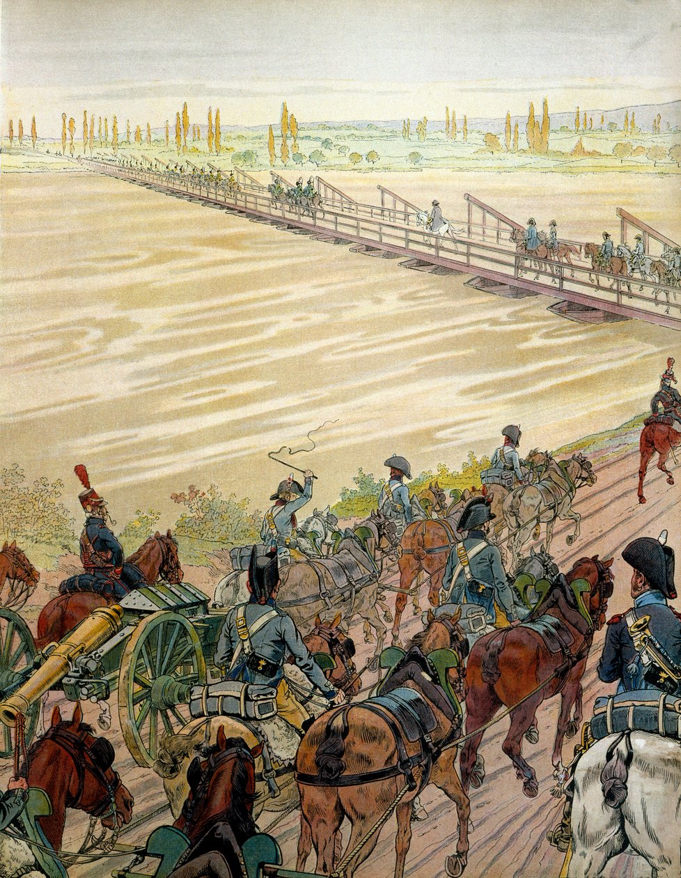 1805年10月1日、ライン川を通過するナポレオン1世ボナパルト（1769-1821）とその軍勢。ジョルジュ・モントルグイユの「ナポレオン」より。ジャック・マリー・ガストン・オンフレー・ド・ブレヴィル（JOB）（1858-1931）による挿絵 作： Onfray de Breville JacquesJobの仮名