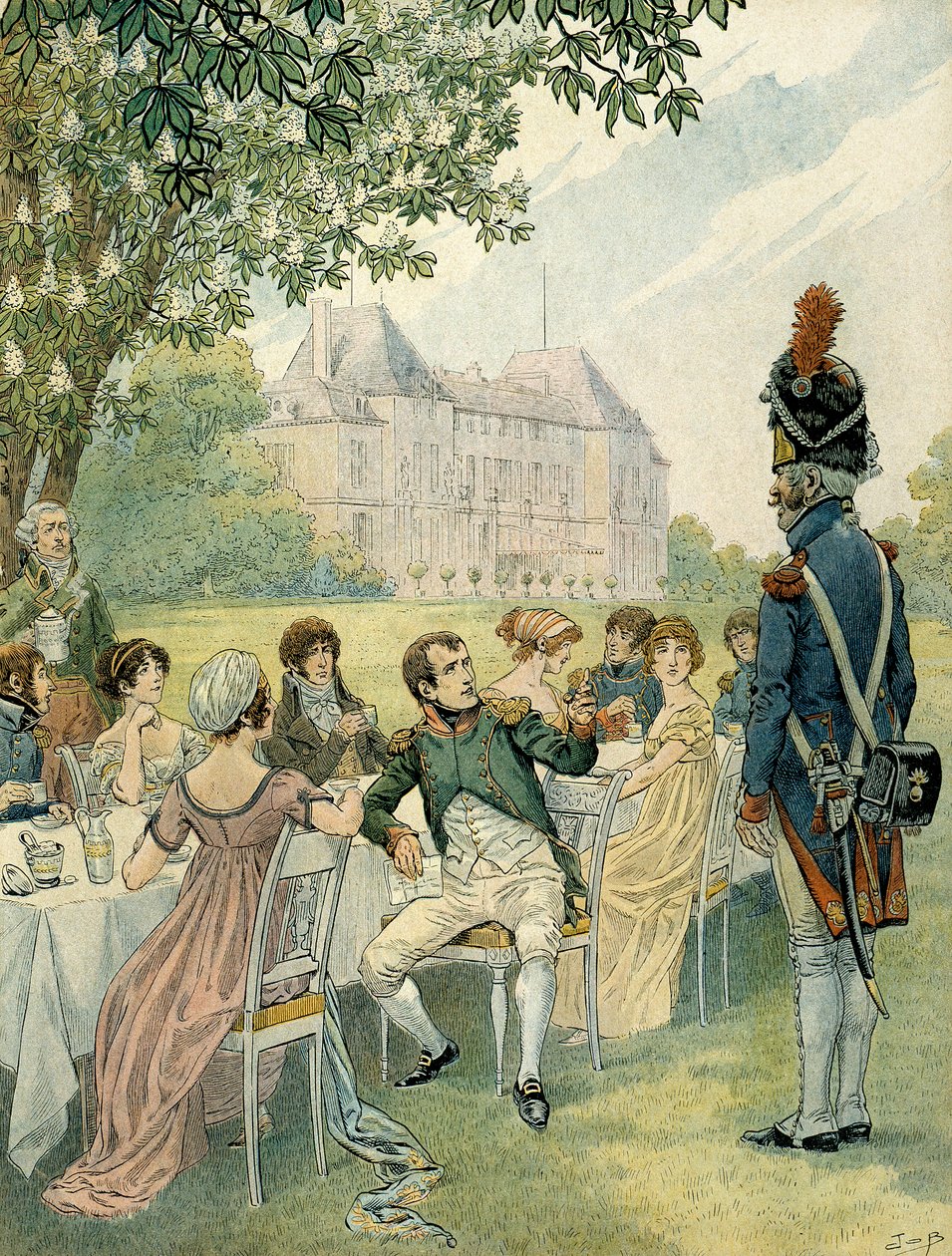 マルメゾン城の庭園で昼食をとるナポレオン1世ボナパルト（1769-1821）。ジャック・マリー・ガストン・オンフレー・ド・ブレヴィル（JOB）（1858-1931）によるイラスト。個人蔵 作： Onfray de Breville JacquesJobの仮名