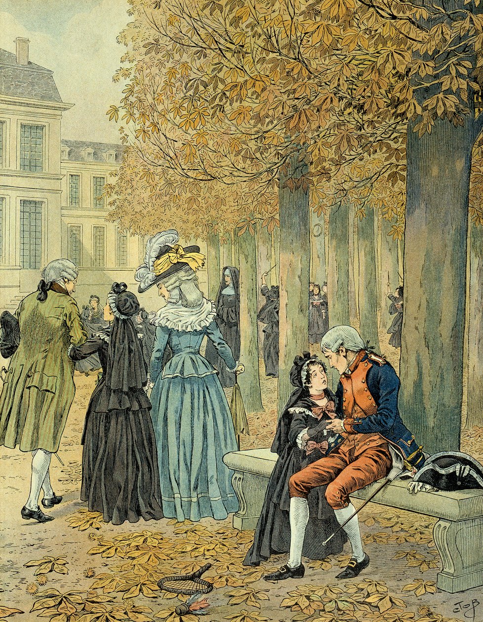 ナポレオン1世ボナパルト（1769-1821）は、妹のエリサ・ボナパルト（1777-1820）をサン・シル（Saint-Cyr）の王家の家に訪ねた。ジャック・マリー・ガストン・オンフレー・ド・ブレヴィルdit JOB（1858-1931）による挿絵 作： Onfray de Breville JacquesJobの仮名