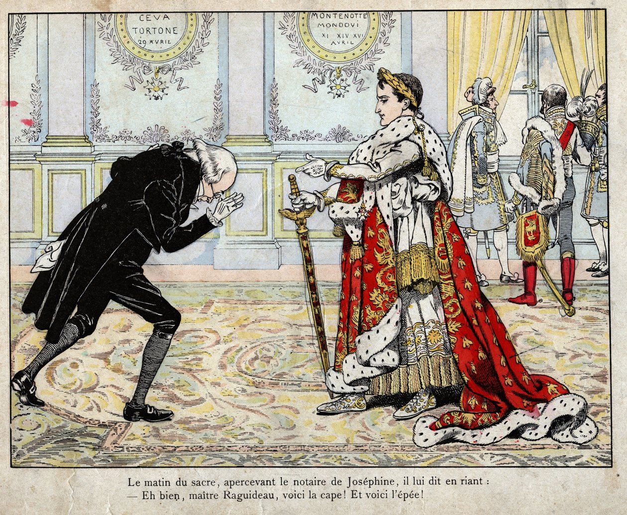 1804年の戴冠式の朝、ナポレオンと公証人ラギドー - 1893年の「Le Grand Napoleon des Petites Enfants」よりJob（Jacques Onfroy de Breville）のリトグラフ 作： Onfray de Breville JacquesJobの仮名