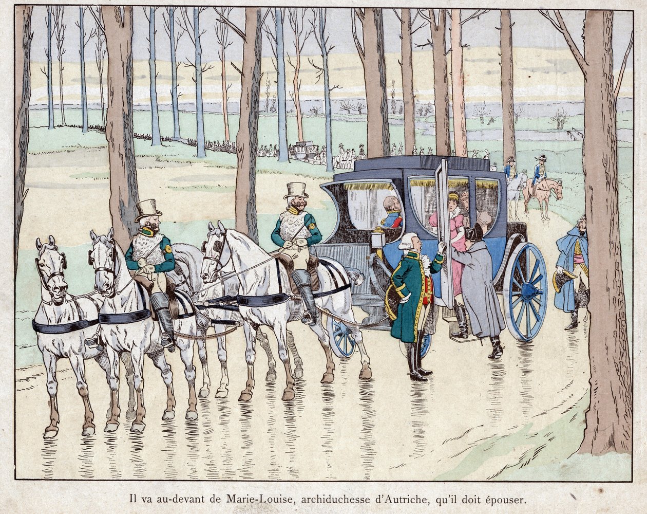 オーストリア大公妃マリー=ルイーズと面会するナポレオン - 1810年 - Job（Jacques Onfroy de Breville）によるリトグラフ（1893年の "Le Grand Napoleon des Petites Enfants "より）。 作： Onfray de Breville JacquesJobの仮名