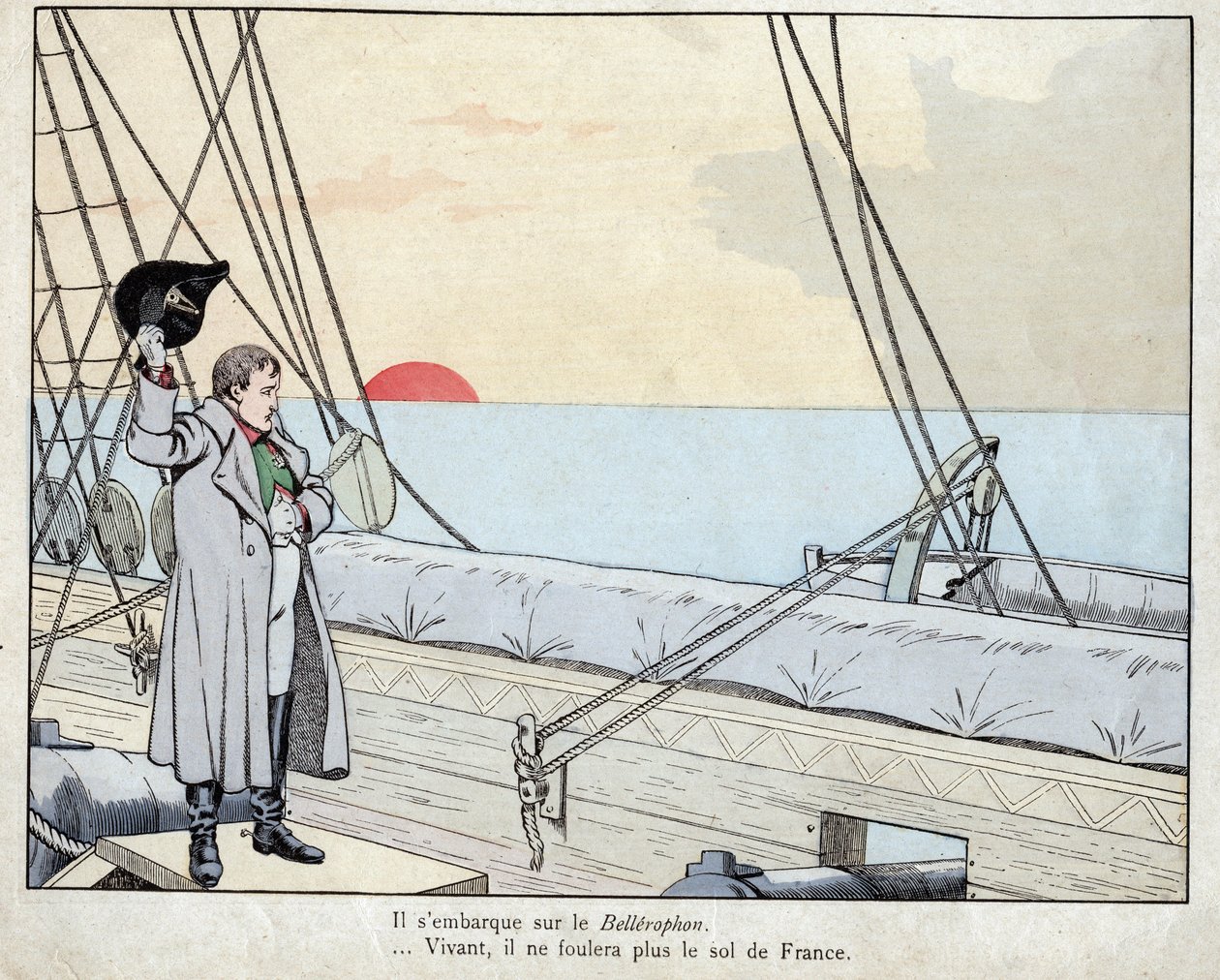 HMSベロフォン号に乗るナポレオン（1815年） - Job（Jacques Onfroy de Breville）によるリトグラフ（1893年の "Le Grand Napoleon des Petites Enfants "より）。 作： Onfray de Breville JacquesJobの仮名