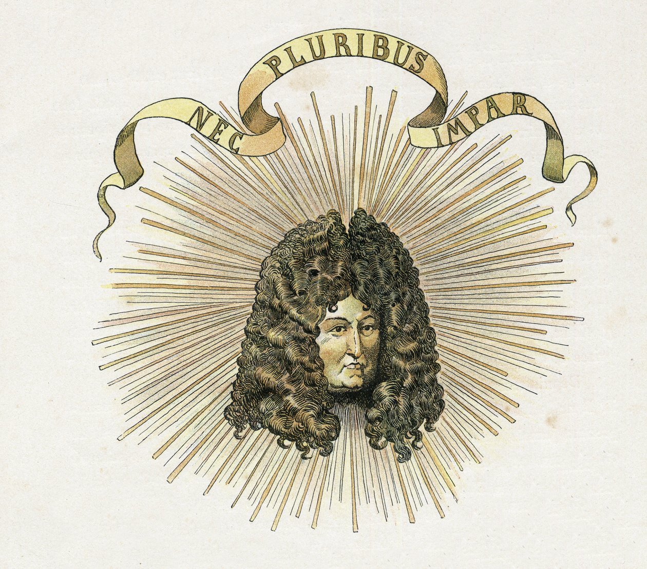 国王ルイ14世（1638-1715）の肖像とラテン語の標語「Nec pluribus impar」（他に似たものはない）。個人蔵。 作： Onfray de Breville JacquesJobの仮名