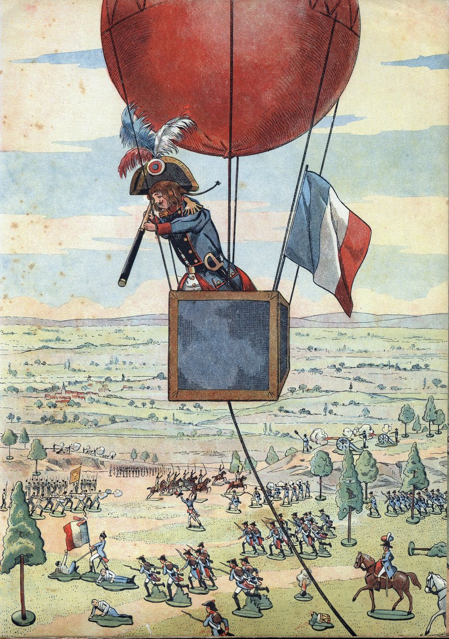 フランスの歴史をおもちゃで表現したシーン。1794年6月26日のフルールスの戦いと、ジャン・マリー・ジョセフ（Jean-Marie-Joseph）・クーテル大尉（1748-1835）による観測気球の初使用を遠目に見ながら - 「歴史を遊ぼう」では。フランスの歴史を演じる 作： Onfray de Breville JacquesJobの仮名