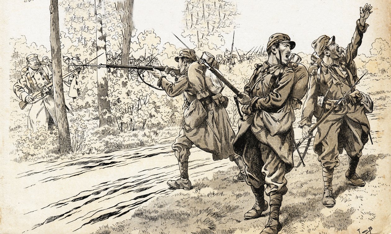敵を撃て!1914年から18年にかけての戦争で、フランス兵は敵の強さと正確な位置を認識するためにパトロールに出た。ドイツ軍を発見した彼らは、射撃の間に挟まれることを気にせず、射撃の命令を出した。ジョブズのイラスト（J 作： Onfray de Breville JacquesJobの仮名