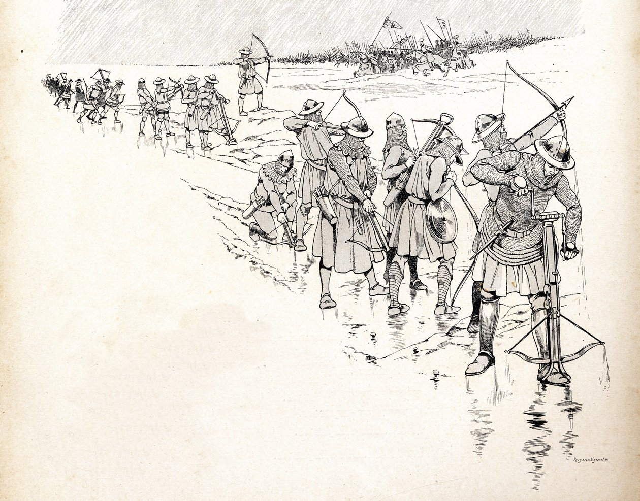 百年戦争が始まった1346年のクレシーの戦いで、フィリップ・ド・ヴァロワ（Philippe de Valois）ことフランス王フィリップ6世（1293-1350）の軍隊の弓兵が、雨で弓のロープが濡れて戦闘不能になっている。ヨブのイラスト（ジャック 作： Onfray de Breville JacquesJobの仮名