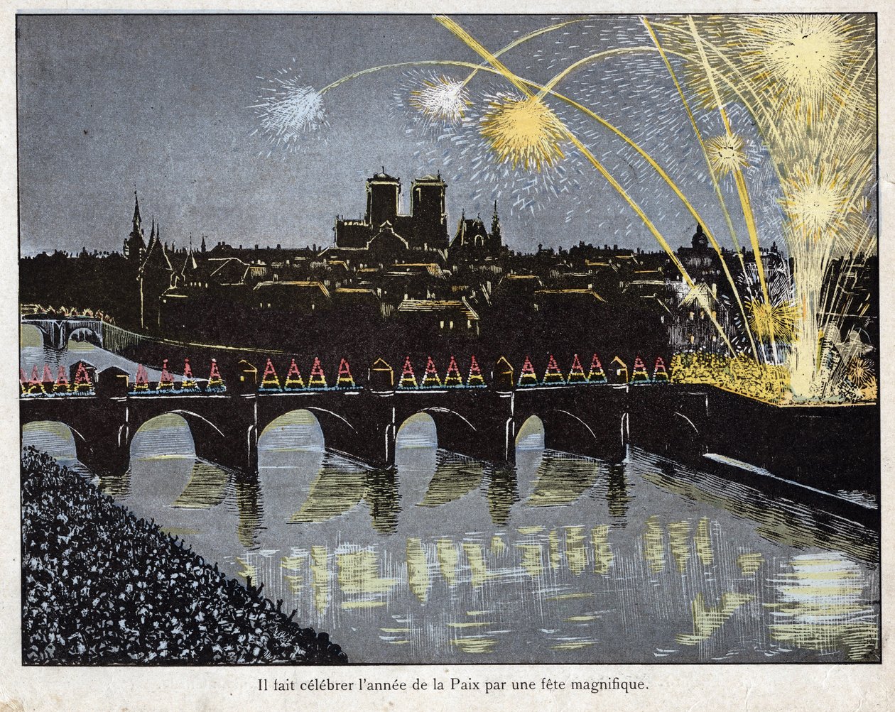 fete de la Paix le 18 brumaire an X (9/11/1801) - ナポレオンは1801年11月9日に平和の年を祝うために壮大な祭りを開催した - 1893年の "Le Grand Napoleon des Petites Enfants "よりJob (Jacques Onfroy de Breville)のリトグラフ。 作： Onfray de Breville JacquesJobの仮名