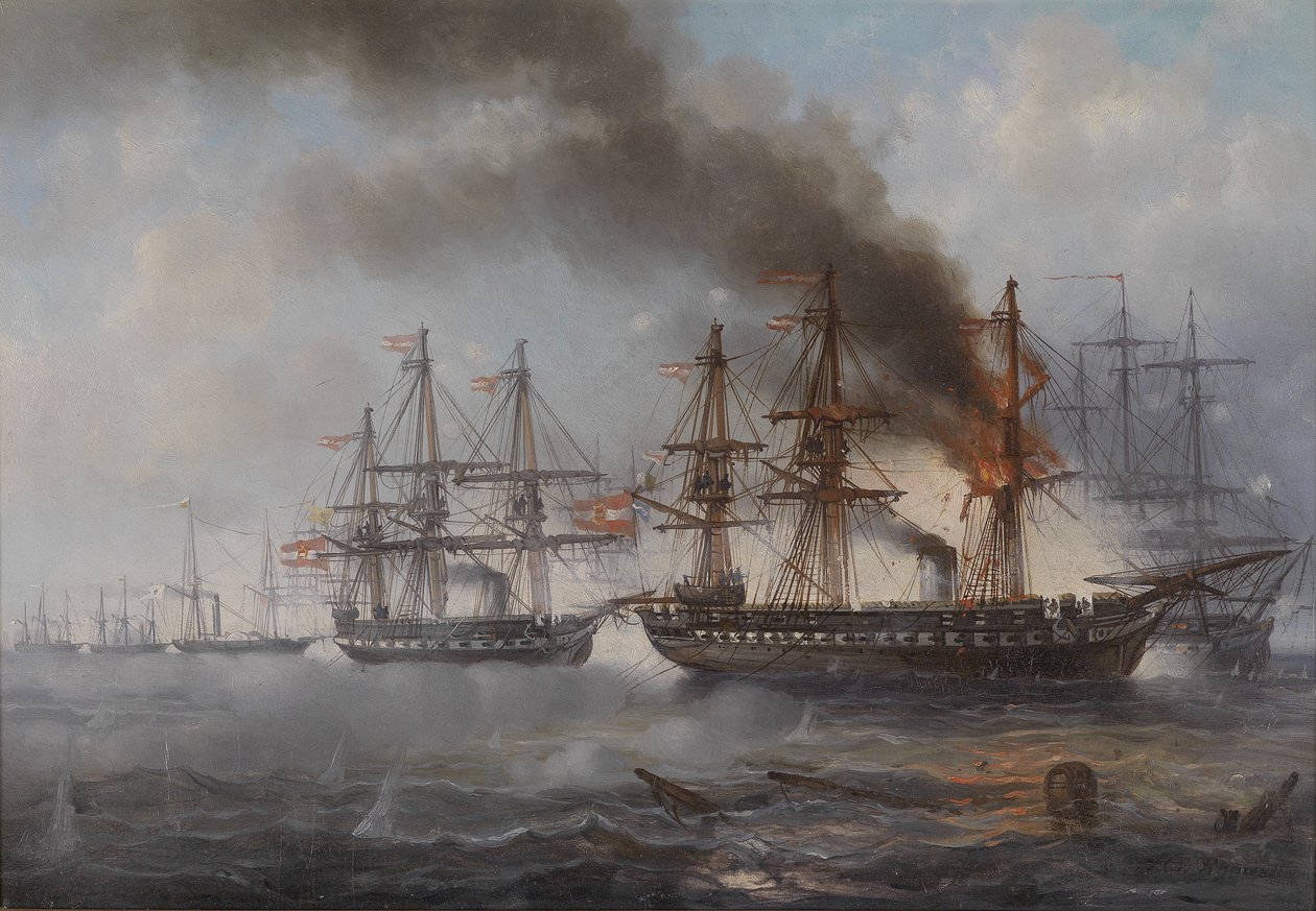 1864年のヘルゴランドでの海戦（オーストリアのフリゲート艦シュヴァルツェンベルク、その背後にはフリゲート艦ラデツキー） 作： ヨーゼフ・カール・ベルトホールド・パットナー