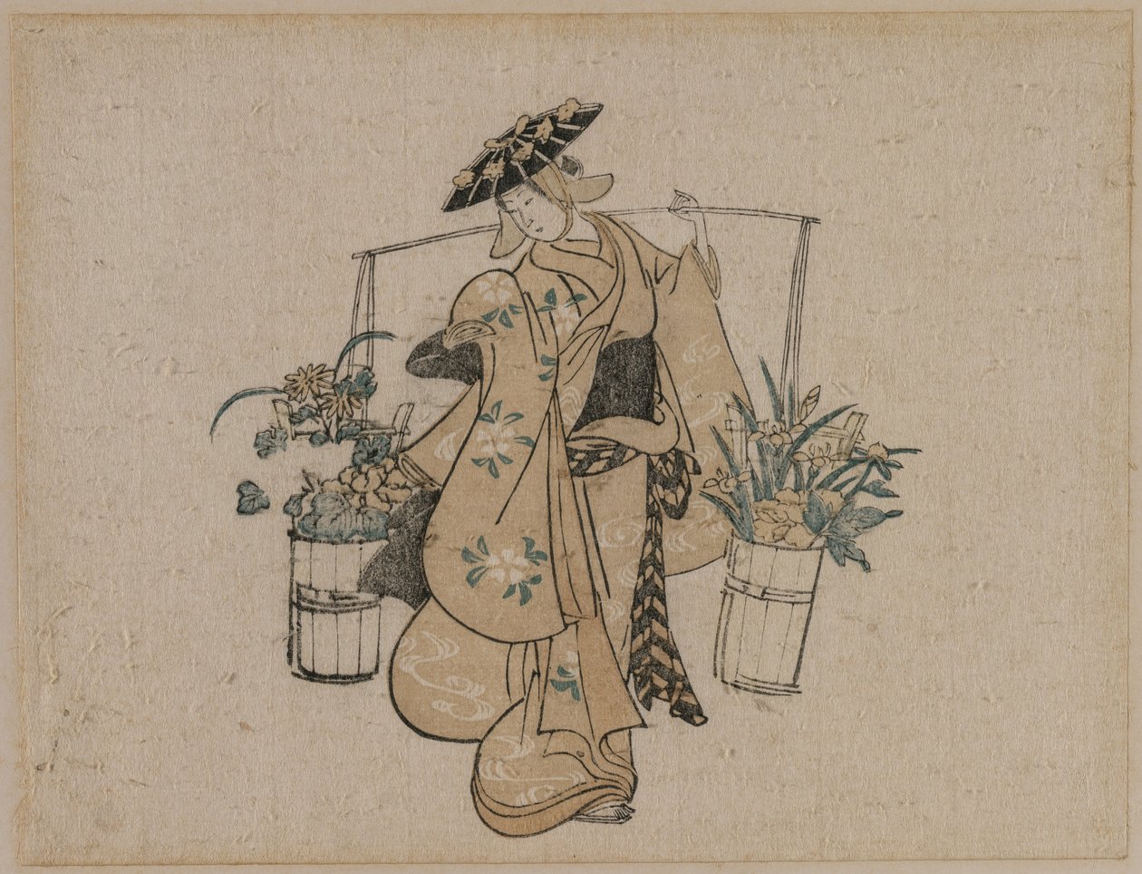 2 つのバケツの花を運ぶ美女 作： 鳥居清倍のスタイル