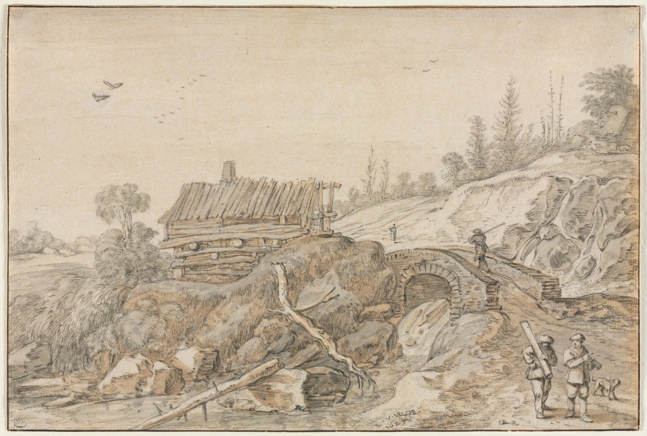 小川のそばに小屋のある丘陵の風景、1627年。 作： ファンデベルデエサイアス