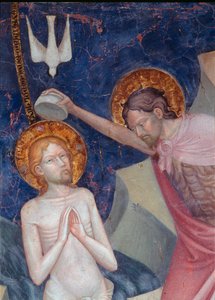 キリストに洗礼を施す洗礼者聖ヨハネ 詳細ロレンツォ（1374年頃～1420年頃）とヤコポ（1427年以降）によるフレスコ画 1416年ウルビーノ・オラトリオ・ディ・サン・ジョヴァンニ 作： Lorenzo da  Sanseverino