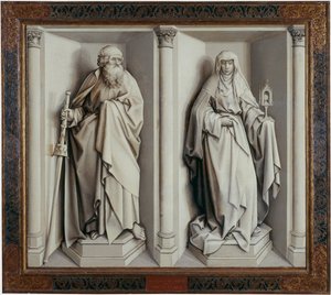 "Le mariage de la Vierge" Verso Robert Campin dit le Maitre de Flemalle (1375-1444) 1420 Dim.0.77x0.88 m Madrid, musee du Prado --- The Marriage of the Virgin.ロベール・カンパン（フレマールの巨匠、1375-1444）による木画。 作： Master of Flémalle