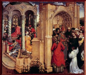 聖母の結婚」木画 フランドルの巨匠と呼ばれたロベール・カンパン（1375-1444）の作品 15世紀 日。0.77x0.88 m マドリッド、プラド美術館 - 「聖母の結婚フランドルの巨匠と呼ばれたロベール・カンパン（1375-144）の木版画 作： Master of Flémalle