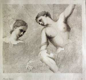 女性の文字。左下に「Tiziano Dipinse」。ジョルジョーネとして知られるジョルジョ・ダ・カステルフランコのエングレーヴィング（1476/1478-1510）フィレンツェ美術史研究所蔵 作： (1476/8 1510) Giorgione