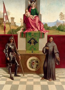 聖フランシスと聖ニカシウスの間のマドンナと子供（カステルフランコマドンナ）c.1503-04（木の油） 作： Giorgione