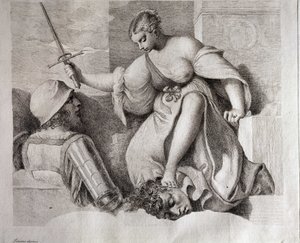 洗礼者ヨハネの頭を持つサロメ。左下に「Tiziano Dipinse」。ジョルジョーネとして知られるジョルジョ・ダ・カステルフランコのエングレーヴィング（1476/1478-1510）フィレンツェ美術史研究所。 作： (1476/8 1510) Giorgione