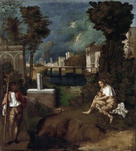 嵐です。母乳を与える女性と風景の詳細 - キャンバスに油彩、1505-1506年頃 作： Giorgione