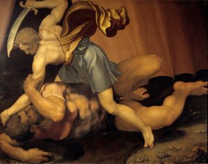 ダビデとゴリアテ 両面スレートに描かれた絵画 ダニエーレ・デ・ヴォルテラ（1509-1566）作 作： Daniele da  Volterra