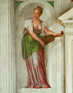 だまし絵のフレスコ画、ヴァイオリンを持つ若い女性、アンドレア・パッラーディオによって建てられたバルバロ荘から（フレスコ画）