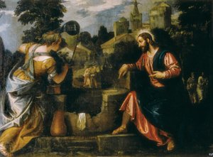 キリストと井戸端のサマリヤ人女性パオロ・カリアリによる絵画は、パオロ・ヴェロネーゼ（1528-1588）、1580年。エル・エスコリアルのサン・ロレンソ・リアル・モナステリオ。