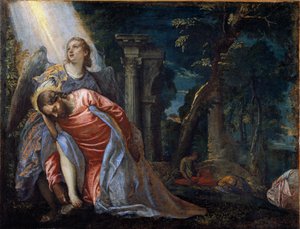 天使に支えられて庭にいるキリスト。パオロ・ヴェロネーゼことパオロ・カリアリ（1528-1588）の絵画、約20年前 作： Veronese