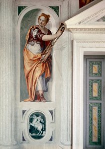 トランペット奏者です。パオロ・ヴェロネーゼ（1528-1588）と呼ばれるパオロ・カリアリの絵画、1561年頃。フレスコ。マザー（トレヴィーゾ）、ヴィラ・バルバロ 作： Veronese