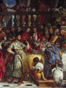 カナの婚礼の詳細：ワインの詳細です。パオロ・ヴェロネーゼ（1528-1588）のフレスコ画 Ec.Fri. 作： Veronese