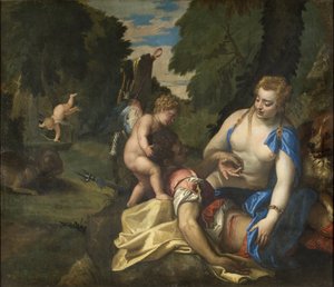 ヴェロネーゼ、パオロ（1528-1588）の「アドニスを嘆くヴィーナス」。油彩・キャンバス寸法：145x173,5cmストックホルム国立博物館 作： Veronese