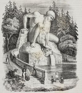イタリア、トスカーナ州VagliaのVilla Demidoff（PratolinoのVilla Medicea）の公園にあるアペニン山脈の巨像（ジャンボローニャ作）、Giovanni Marianiによるリトグラフ（Poliorama Pittoresco, n 10, 10月15日より 作： Giambologna
