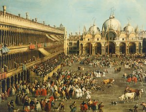 サン・マルコ広場での闘牛」ジョヴァンニ・アントニオ・カナル（カナレット、1697-1768）とジョヴァンニ・バティスタ・チマローリ（1687-1753）の作品、油彩・カンヴァス、99x145cm。 作： Canaletto