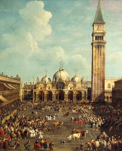 サン・マルコ広場での闘牛」ジョヴァンニ・アントニオ・カナル（カナレット、1697-1768）とジョヴァンニ・バティスタ・チマローリ（1687-1753）の作品、油彩・カンヴァス、99x145cm。 作： Canaletto