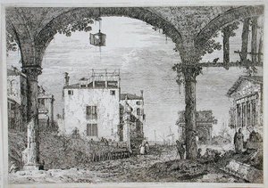 アーケード越しに海岸沿いの建物を見る（エッチング） 作： Canaletto