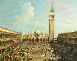 サン・マルコ広場での闘牛」ジョヴァンニ・アントニオ・カナル（カナレット、1697-1768）とジョヴァンニ・バティスタ・チマローリ（1687-1753）の作品、油彩・カンヴァス、99x145cm。 作： Canaletto