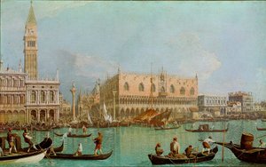 サン・マルコの水盤のドゥカーレ宮殿のあるモール（Il molo col Palazzo Ducale dal bacino di San Marco）。運河から見たヴェネツィア、ドゥカーレ宮殿、サン・マルコ広場の眺め。ジョヴァンニ・アントニオ・カナル・ディット・イル・カナレット（1697-1768）の作品。 作： Canaletto