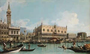 カナレット(1697-1768)によるヴェネツィアのサン・マルコ広場近くの桟橋。油彩・キャンバス、1729年頃アブロ・コレクシオン 作： Canaletto