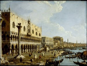 ヴェネツィア：ピアゼッタからドゥカーレ宮殿とスキアヴォーニ川を望む」1729年頃（銅板に油彩 作： Canaletto