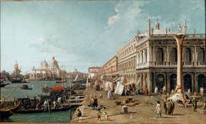 ヴェネツィアのモロ、マルチャーナ図書館、聖セオドアの柱の眺め 作： Canaletto