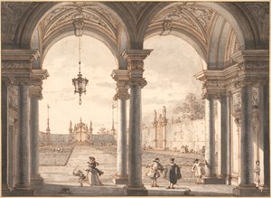 "View through a Baroque Colonnade into a Garden" Antonio Canaletto (1697-1768) によるペン画 1760-1768 Dim 33,1x45,4 cm Albertina, Vienna 作： Canaletto