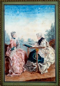 メラン嬢とラルー嬢が水彩画を描くタペストリー ルイ・カロギス（カルモンテル）（1717-1806）1759年作パリ、カルナヴァレ美術館 作： Carmontelle