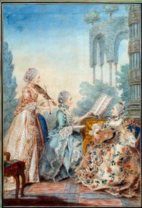 ルイ・カロギス・カルモンテル（1717-1806）のバレエ「ザイデ・アクアレル」の楽譜を演奏する作曲家ジョセフ・ニコラ・パンクレース・ロワイエ（1705-1755）の3人の娘たち 1760年 パリ、カルナヴァレ美術館蔵