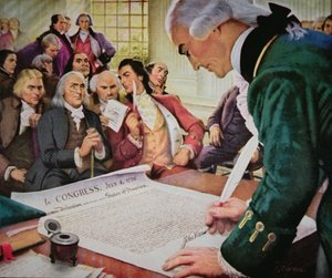 1776年7月4日、アメリカ独立宣言に署名するジョン・ハンコック（1737-93）（カラーリトグラフ 作： (after) American School