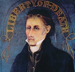 パトリック・ヘンリー、「Liberty or Death（自由か死か）」の伝説とともに描かれている（カラーリトグラフ